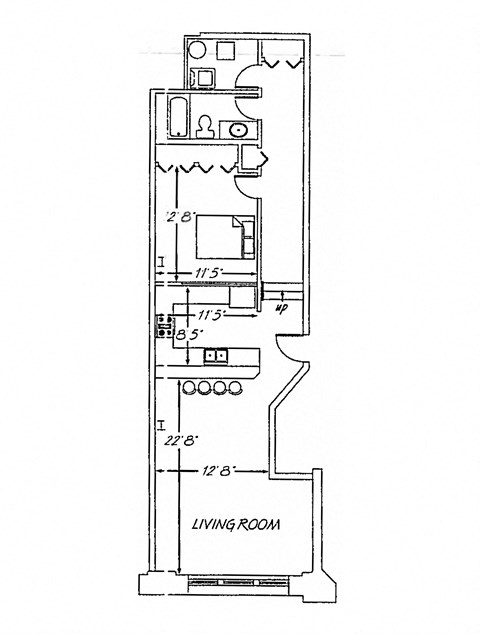 Floor plan for 1 bed, 1 bath, 893 sqft